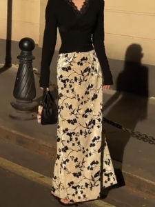 New Chinese Style Floral Print Half Skirt Draped Elegant Long Vintage Versatile Autumn Winter New Arrival Office Commute Skirt