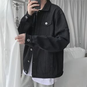 New Autumn Mens Jeans Jackets Slim Fit Cotton Denim Jacket Red White Black Ripped Hole Jean Coats Mens Outwear Plus Size M-5XL