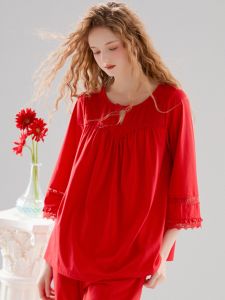 Chenxi Cotton Pajamas Womens Spring Autumn Style Thin Long Sleeve Home Clothes Autumn Red Color This Years Home Leisure Suit