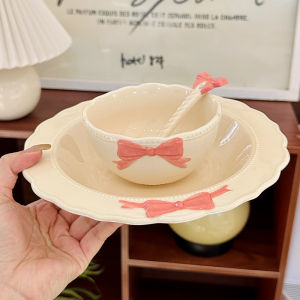 Ceramic Bowl Set with Cute Butterfly Knot Underglaze Cream Style High Aesthetic Value Soup Bowl Korean Style round Shape Rice Bowl