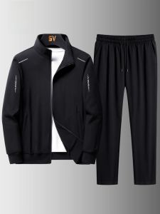 ROMON | Romon Mens Casual Sports Set Spring Autumn New Zipper Open Cardigan Collar Sweatshirt Jacket Running Two-piece Set Polyester Fiber