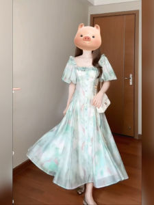 Xzy/Xin Zhengyan Plus Size Ladies French Romantic Ink Blooming Square Collar Dress Female Summer Puff Sleeves Temperament Long Dress