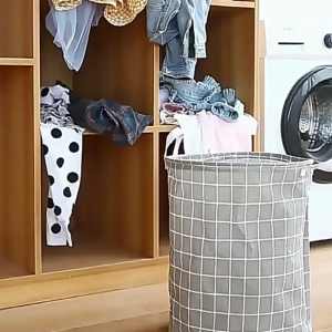 ❣️E2U0001❣️ตะกร้าผ้าอเนกประสงค์ทรงกลม ลายตาราง แบบมีหูหิ้ว