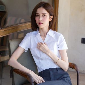 Gray Short Sleeve Shirt Womens Korean Style Square Collar Professional Workwear Thin Cotton Polyester Blend Commute Pure Color