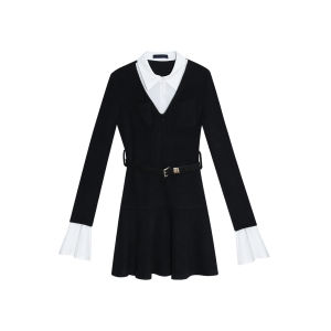 ปกโปโล สองชิ้นปลอม เดรส ผู้หญิง เซ็กซี่ เผ็ด ฤดูใบไม้ผลิ แขนยาวใหม่พันรอบ ทรงเอ Short Pure Desire Set โพลีเอสเตอร์ สแปนเด็กซ์