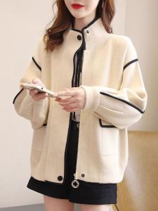 2024 New Womens Short Woolen Jacket Loose Baseball Style Open Cardigan Spring Autumn Winter Casual High-End Feeling Coat