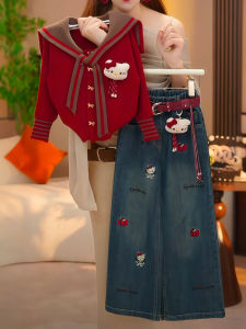 Girls KT Cat Set Spring Autumn New Childrens Sweater Jacket Little Girl Autumn Clothes Open Cardigan Jeans Two-piece Set