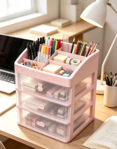 Multifunctional desktop storage box with three drawers large capacity dustproof transparent and tidy.