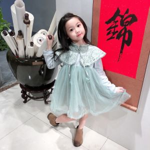 Princess Style Long Sleeve Lace Mesh Puffy Skirt Hanfu Dress for Girls Spring Autumn Cotton Polyester Blend Pure Color