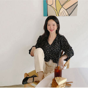 Lune_Grace 3065#เสื้อเชิ้ตแขนยาวเกาหลี ผ้าชีฟอง เสื้อคอวีแขนยาวลายดอก เสื้อเกาหลีแฟชั่นผู้หญิง สีเหลือง