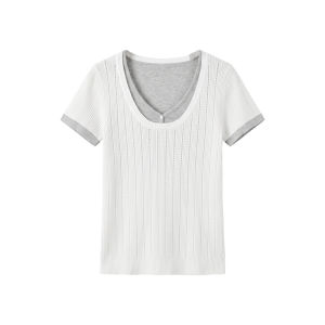 Elegant Shallow Waterfall Design Pseudo Two-Piece V-Neck Short Sleeve Knit Top