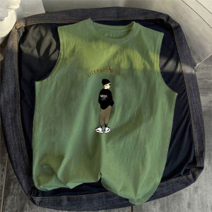 Hong Kong Style Mens Summer Cotton Tank Top Sleeveless Printed Loose Fit Breathable Innerwear Outerwear for Teenagers