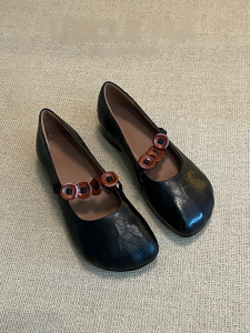 สไตล์ฝรั่งเศส ของแท้ หนัง รองเท้าส้นแบน ผู้หญิง Mango Head รองเท้าแตะบัลเล่ต์ส้นเตี้ย Retro Mary Jane รองเท้าสบาย Slip-on