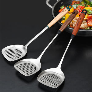 Thickened 304 Stainless Steel Wood Handle Cooking Spatula Fry Pan Ladle Kitchen Oil Filtering Scrape Spoon Utensil for Cooking