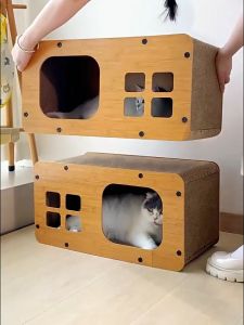 Cat Scratch Board Cat Bed DIY Wooden Stackable Cat Condo House Cat Corrugated Paper Pet Toy