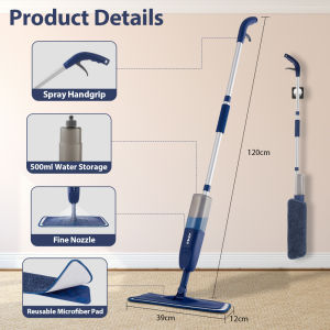 DARIS Spray Mop 500ml Bottle 3 Microfiber Mop Pads Scraper Mop Clip Wet and Dry Use Flat Floor Cleaning Mop