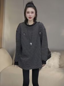 Casual Style Long Sleeve Fleece Lined Mid-Length Loose Fit round Neck Striped T-Shirt for Women Autumn Winter Fashion Butt Covering