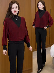 Spring 2024 Womens Fashionable Loose Batwing Sleeve Base Shirt Outerwear T-Shirt Splice Style Commute Korean Version Long Sleeve