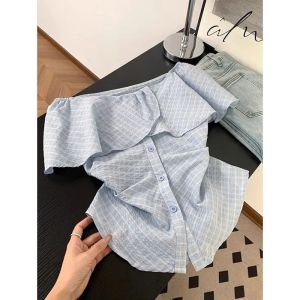 เสื้อเชิ้ตคอกลมแขนสั้นผู้หญิง ทรงหลวม ผ้าโพลีเอสเตอร์ ทรงบาง ทรงเข้ารูป สไตล์เกาหลี ฤดูร้อน 2025 ผ้าฝ้ายผสม