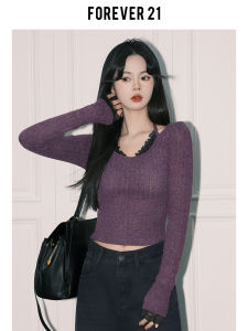 Forever 21 Pure Desire Purple Lace Collar Knitted Sweater Women Winter Slim Fit Base Shirt Double Layer Neck Design Long Sleeve