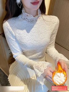 chaqi | Fashionable Lace Fleece Lined Slim Fit High Collar Long Sleeve Top Korean Style Commute Wind Winter New Arrival Versatile Top