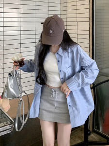 Áo Sơ Mi Nữ Tay Dài Mùa Xuân Thu Mới Thiết Kế Rộng Rãi Họa Tiết Sọc Xanh Thêu Phong Cách Pháp Chống Nắng Thường Ngày