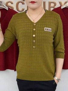 Stylish V-Neck Knitted Base Shirt Slimming 3/4 Sleeve T-Shirt Trendy Womens plus Size Fashionable Korean Loose Fit Long Sleeve