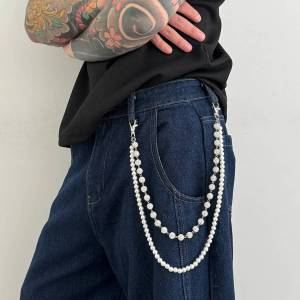 Ingemark Hip Hop Rhinestone Imitation Pearl Keychains Waist Belt for Men Punk Jeans Pants Bag Wallet Chains Street Jewelry Gift