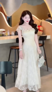 QC_Đầm tiểu thư đầm thiết kế đi tiệc Ren Lưới dáng dài hai lớp thêu hoa có mút ngực mocking sau