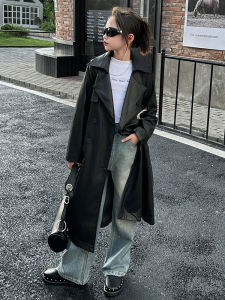 Trendy Long Leather Jacket for Girls Spring Autumn Korean Style Polyester Fiber Windbreaker Coat Medium to Large Children