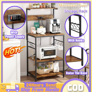 4 Tier kitchen storage rack organizer With Powered Socket And 6 S-Shaped Hooks Multi Layer Storage Rack Space Saver Microwave Oven Storage Rack For Kitchen Living Room Dining Room Office Warehouse