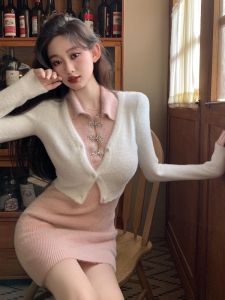 GUZILIAN | Sweet Style Pink Knitted Dress Womens Button Design Waist Cinching Short Length Autumn Versatile Open Cardigan Skirt