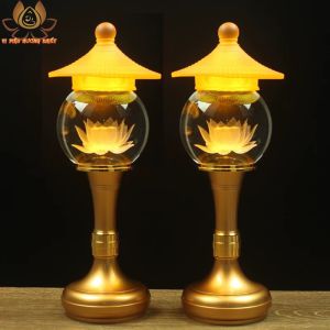 CẶP 2 CÂY ĐÈN THỜ TRANG TRÍ LED HOA SEN PHA LÊ CẮM ĐIỆN HOẶC DÙNG PIN