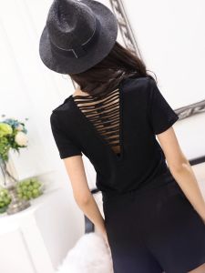 22 Summer Silk Ice Short Sleeve V-neck Base T-shirt Small Shirt Womens Fashion Back Lace Hollow T-shirt Beautiful Back Tank-Top Half Sleeve