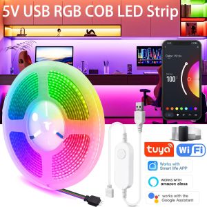 5V USB Tuya WiFi RGB COB LED Strip Light 1-5M Dimmable Smart Lamp Voice Control TV BackLight Room Decor Work with Alexa Google