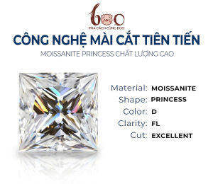 Princess - Kim Cương Nhân Tạo Moissanite Nước D Độ Sạch: FL (Trong suốt) 3EX Kèm Kiểm Định GRA