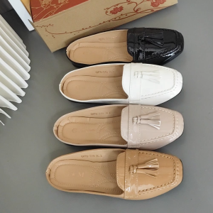 [FA]  Korean  fashion glossy leather Square Toe Flat Half Shoes Mules women sandals.