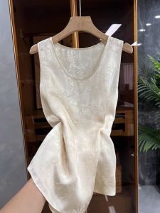 Acetate Satin Vest Womens Sleeveless Outerwear Summer New Style Loose Floral Embroidery Thin Shirt Commute Straight Tube