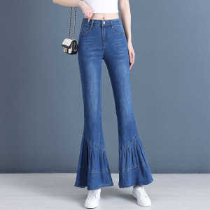 High Waist Fish Tail Denim Pants Womens Design Sensation Small Crowd Large Flared Denim Jeans Spring Autumn Blue Casual Style