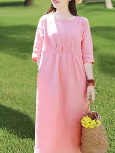 Pink Cotton Linen Ethnic Style Midi Dress Travel Artistic Fresh Small Size Skirt High Waist Regular Sleeve Seven Sleeve V Neck