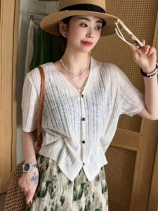 Ice Silk Knitted Short Sleeve T-Shirt Womens Summer Fashion Loose Single Button V-Neck Thin Casual Top Small Open Cardigan