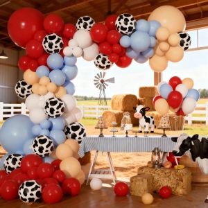 115Pcs Farm Animal Themed Balloon Garland Arch Set Red Blue and White Latex Balloon Garland with Cow Prints Barn Yard Country Western Cowboy Birthday Party Supplies Decoration