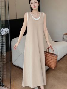 Plus Size U-Collar Fake Two-Piece Suspender Skirt Long Summer Plus Size Ladies K-style Loose Big Hem A- line Vest Dress 100.00kg