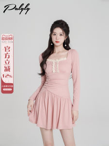 Spring New Pink Long Sleeve Womens Dress Waist Cinched French Style Square Collar Gown A-Line Skirt Design Sense Pleated