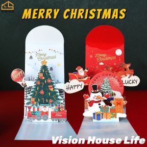 Vision 2/4Pcs 3D Christmas Card with Envelope Creative Christmas Greeting Card with Red Packet New Year Holiday Wishes Card Xmas Lucky Money Bag 圣诞红包/新年红包