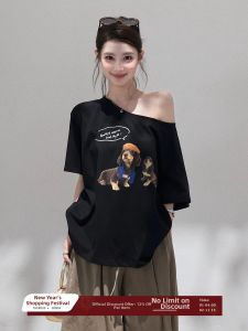 THROUS | Áo Thun Mỏng Hè In Hình Chó Con Vai Xéo