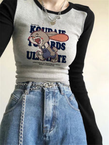 Slim Fit Long Sleeve T-Shirt Womens Elastic Shoulder Insert Cartoon Print Korean Style Autumn Top Fun And Stylish Bodycon Shirt