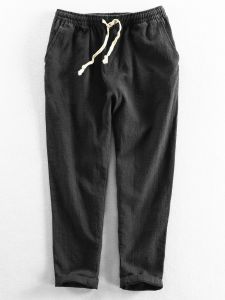 Summer Thin Cotton Linen Mens Casual Pants Trendy Brand Sports Trousers Nine Points Loose Fit Straight Leg Dry Fast Youth