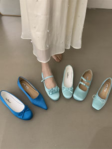 รองเท้า Mary Janes ส้นแบนสีน้ำเงิน ทรงหัวมน สำหรับผู้หญิง รองเท้าแฟชั่นฤดูใบไม้ผลิ รองเท้าส้นเตี้ยแบบสวมสบาย รองเท้าส้นแบนแบบสวมสบาย