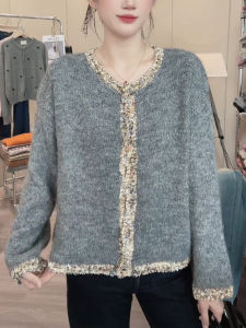 SUOXIMENG | Large Size Grey Contrast Color Lace Round Neck Sweater Womens Fashion Trend Autumn New Style Ageless Versatile Commute Style